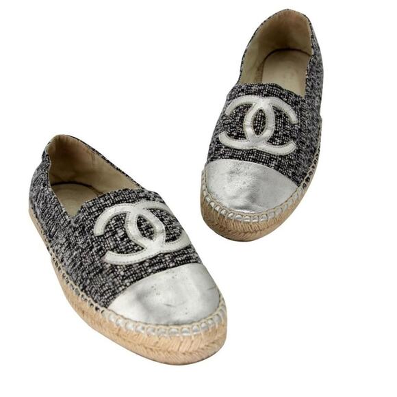Chanel Espadrille 39 Tweed Canvas Leather Cc Cap-toe Flats CC-0402N-0100 - Picture 1 of 11